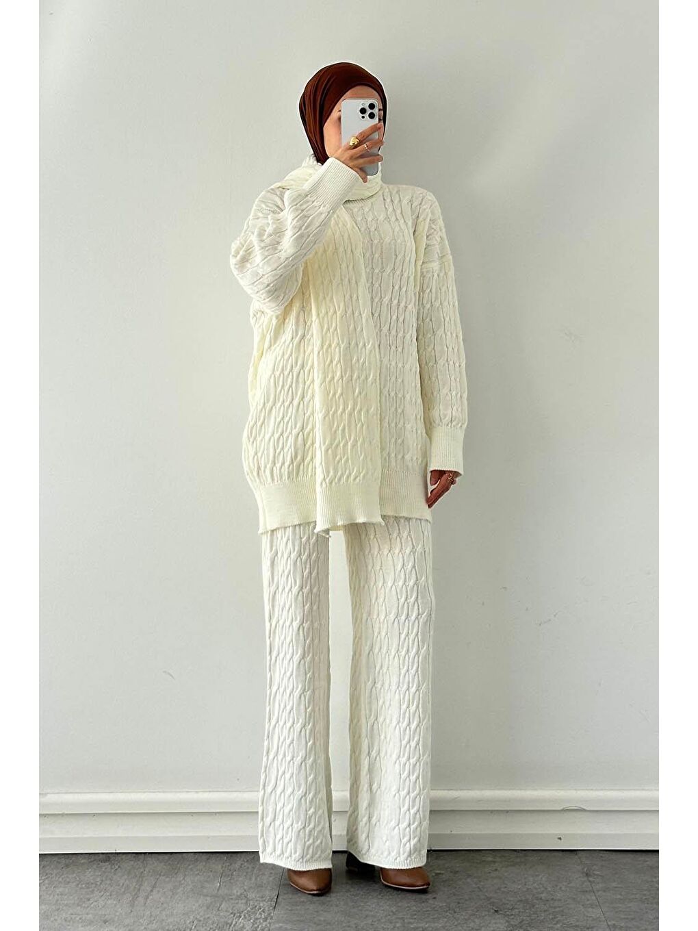 Ekru Atkılı Örülü Tesettür Takım Krem-3