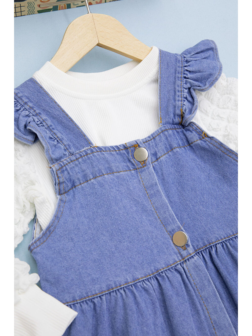 Mavi Fırfırlı Salopetli ve Kol Detaylı Badili Kız Çocuk 2li Takım 20657-2