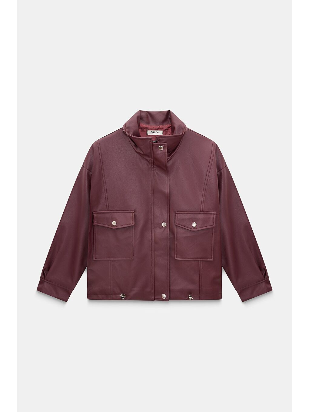 Bordo Kadın Relax Fit Dik Yaka Çıtçıtlı Fermuarlı Cepli  Suni Deri Bomber Ceket - Belden Ayarlanabil-3