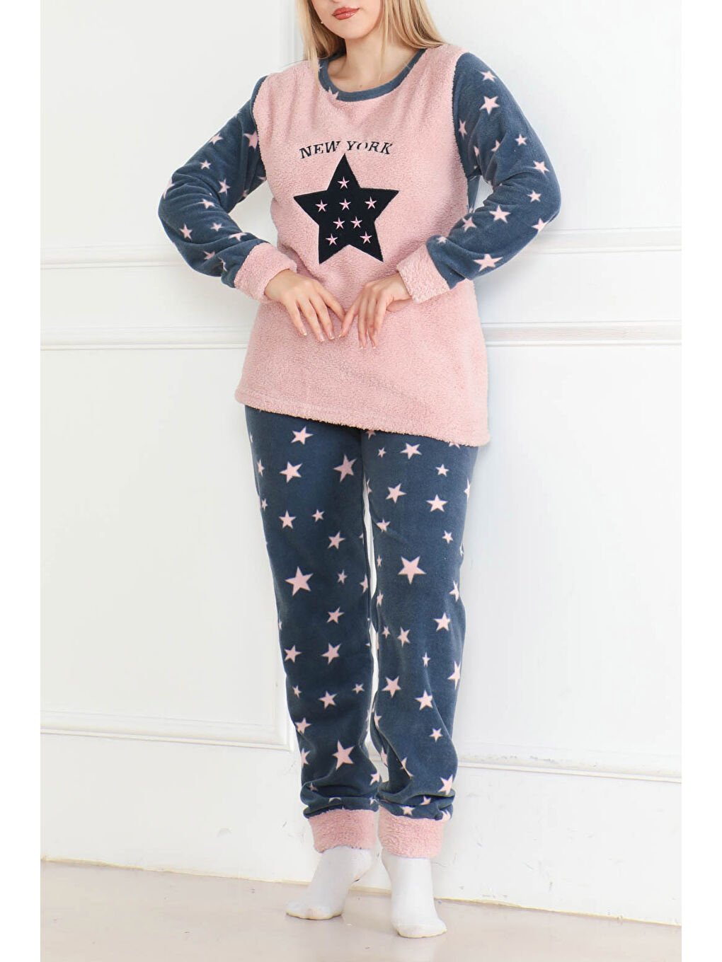 Pembe Nakışlı Pelüş Polar Pijama Takım Pudra   26640