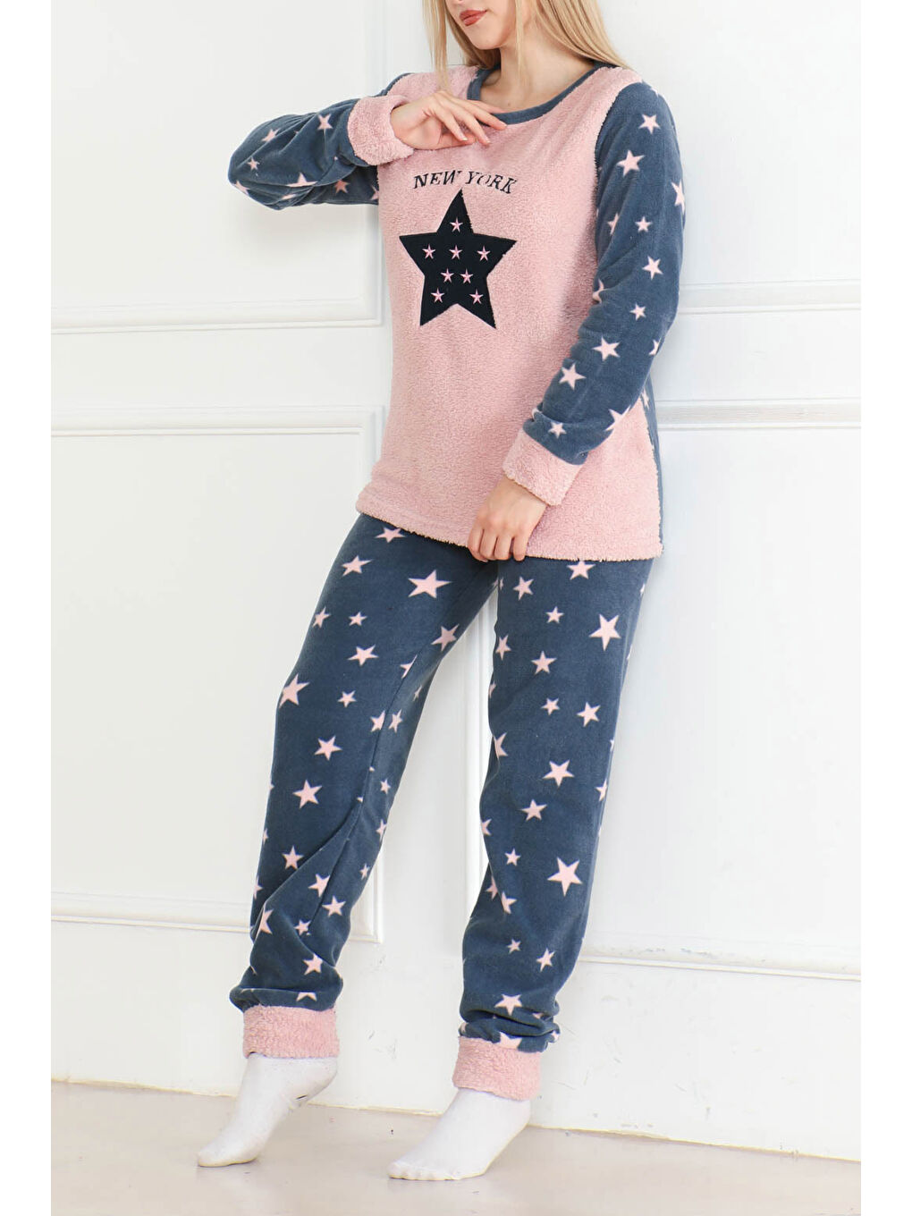 Pembe Nakışlı Pelüş Polar Pijama Takım Pudra   26640-1