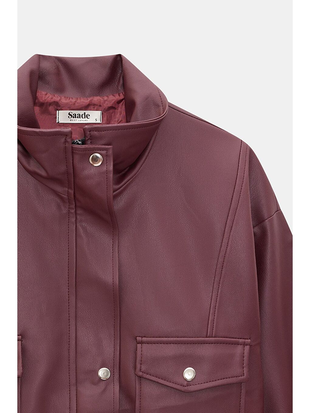 Bordo Kadın Relax Fit Dik Yaka Çıtçıtlı Fermuarlı Cepli  Suni Deri Bomber Ceket - Belden Ayarlanabil-4