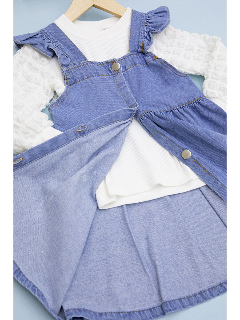 Mavi Fırfırlı Salopetli ve Kol Detaylı Badili Kız Çocuk 2li Takım 20657-3