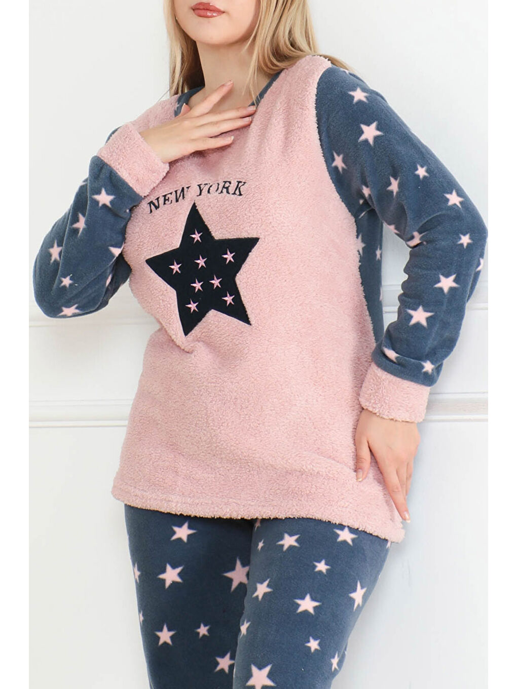 Pembe Nakışlı Pelüş Polar Pijama Takım Pudra   26640-2