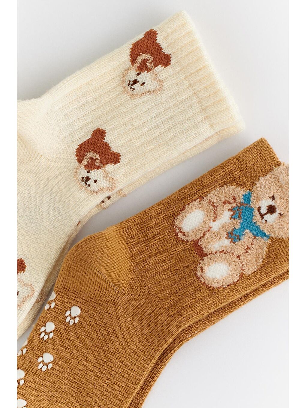 Bebek 2 Li Paket Teddy Baskılı Soket Çorap Ekru-Koyu Kahverengi-1