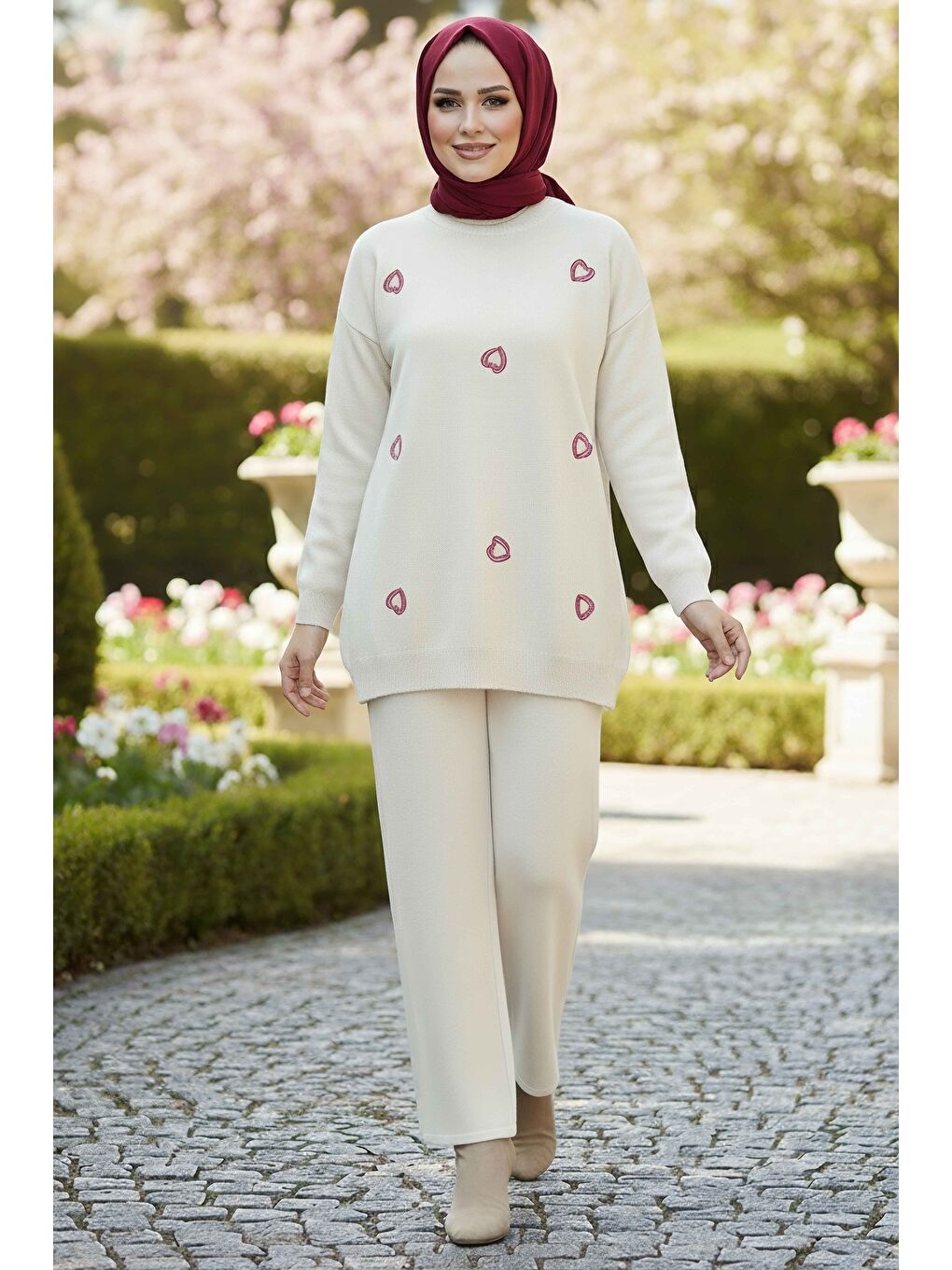Ekru Kalp Detaylı Triko İkili Takım Krem - 28124-KREM-1