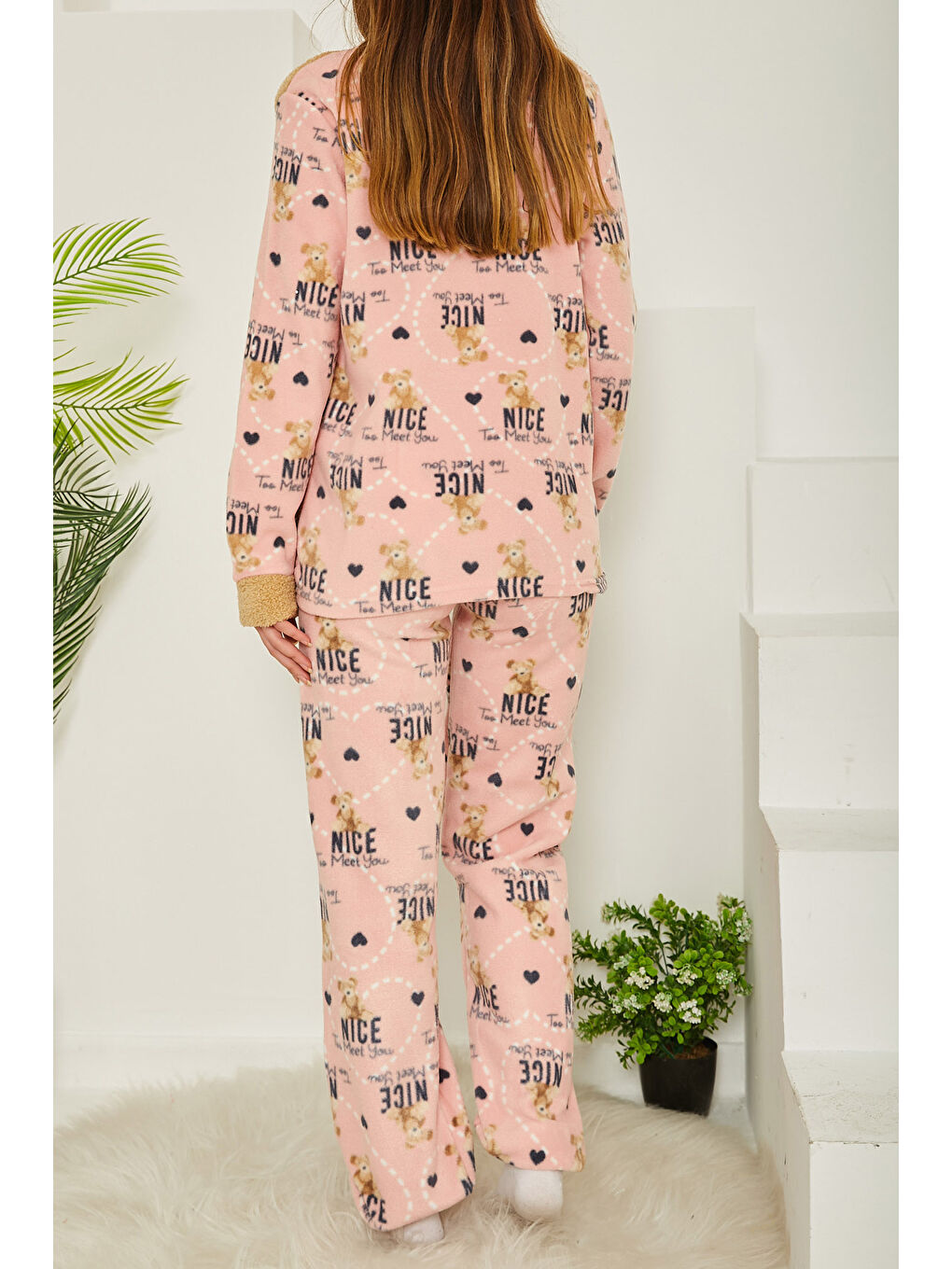 Bej Nakışlı Pelüş Polar Pijama Takım Vizon   26777-4