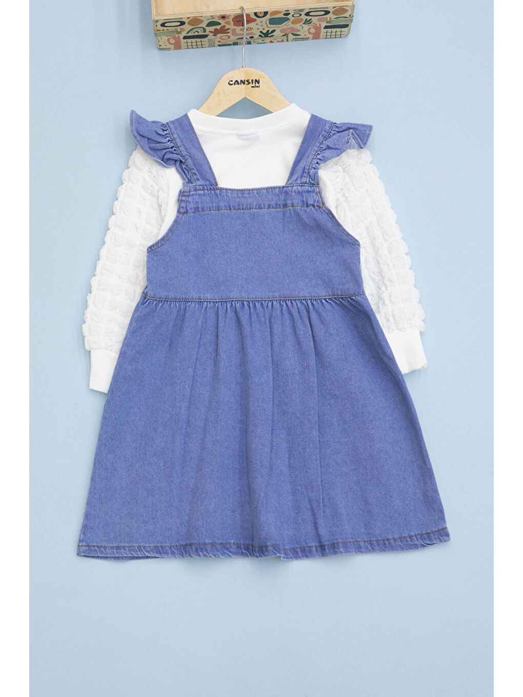 Mavi Fırfırlı Salopetli ve Kol Detaylı Badili Kız Çocuk 2li Takım 20657-4