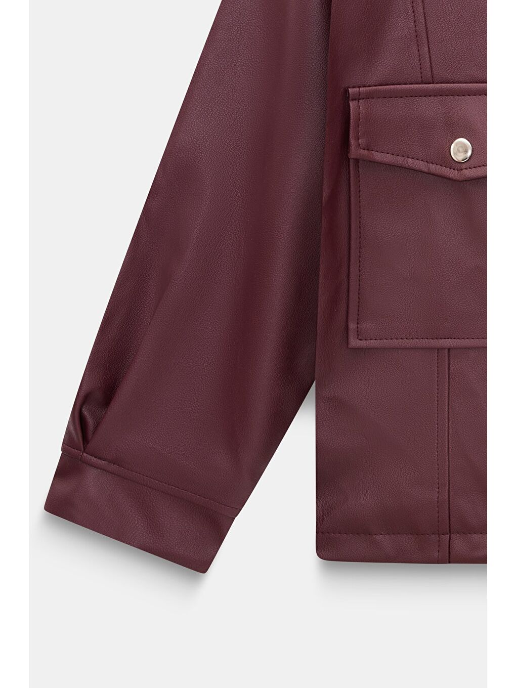 Bordo Kadın Relax Fit Dik Yaka Çıtçıtlı Fermuarlı Cepli  Suni Deri Bomber Ceket - Belden Ayarlanabil-5