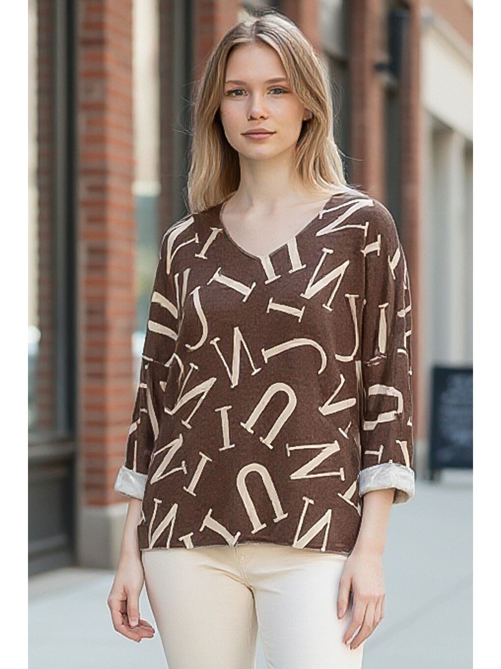 İtalyan Kahverengi V Yaka Uzun Kol İnce Allover Baskılı Casual Triko Bluz 70 70