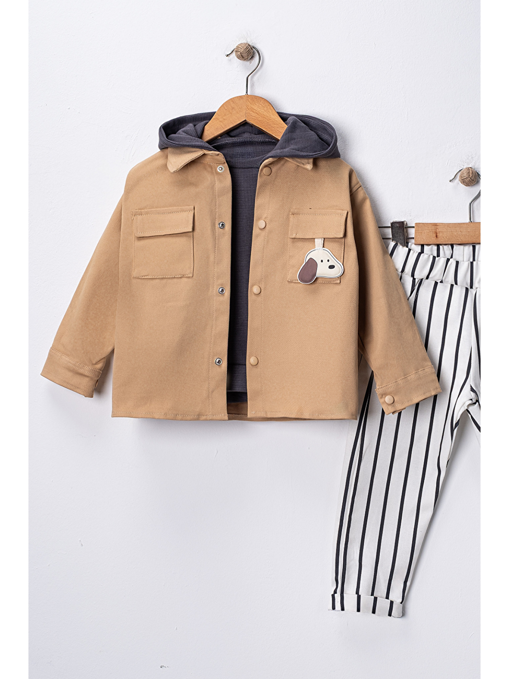 Kahverengi Erkek Çocuk Kapüşonlu Ceket-Sweatshirt-Çizgili Pantolon 3'lü Takım (2-5 Yaş)-1