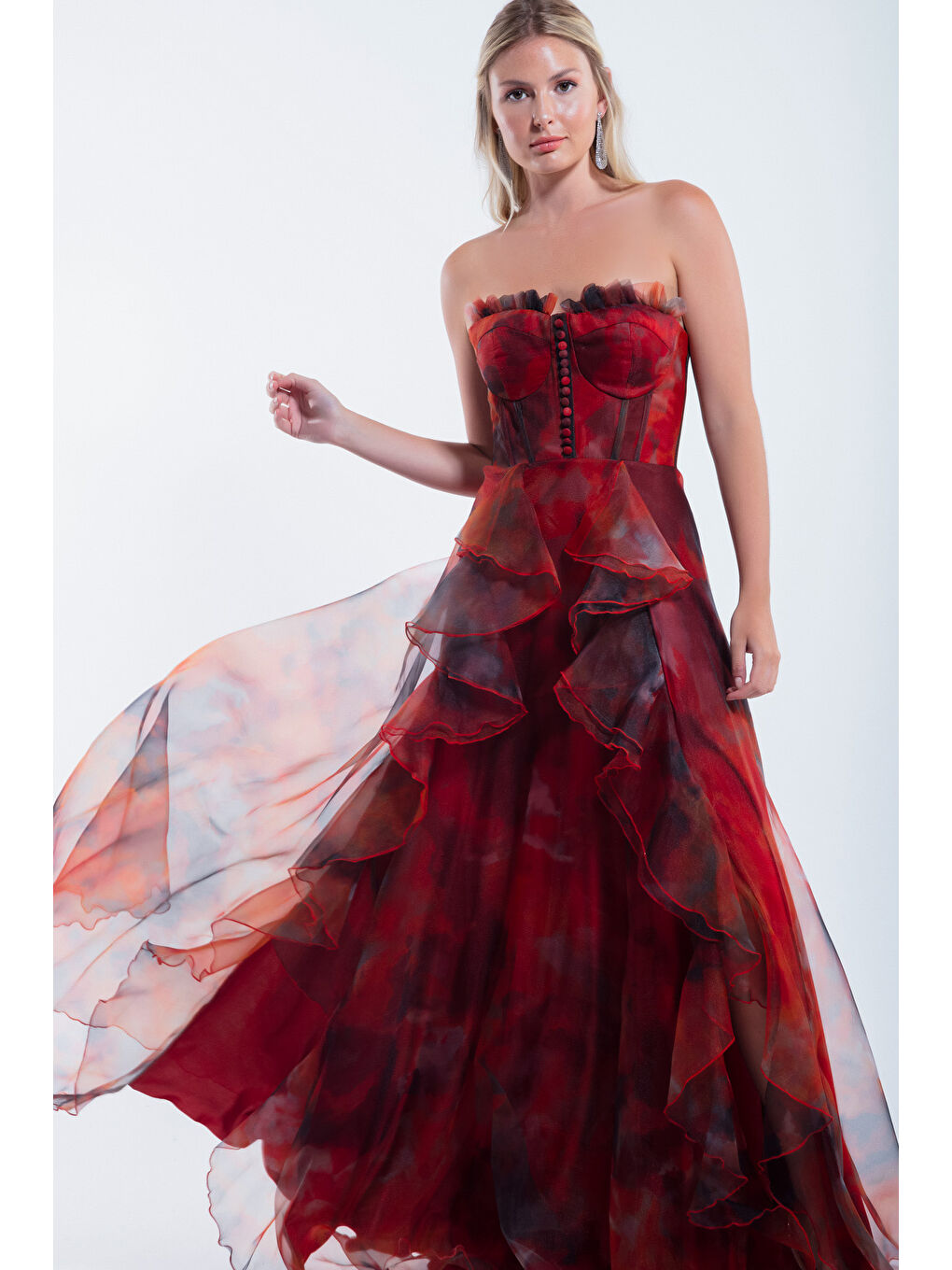 Kadın Kahverengi Straplez Organze Uzun Abiye Elbise