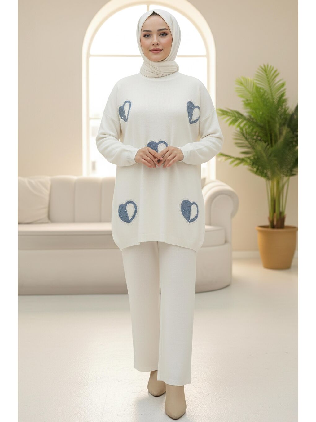 Ekru Kalp Taş Detaylı Triko İkili Takım Krem - 28123-KREM-1