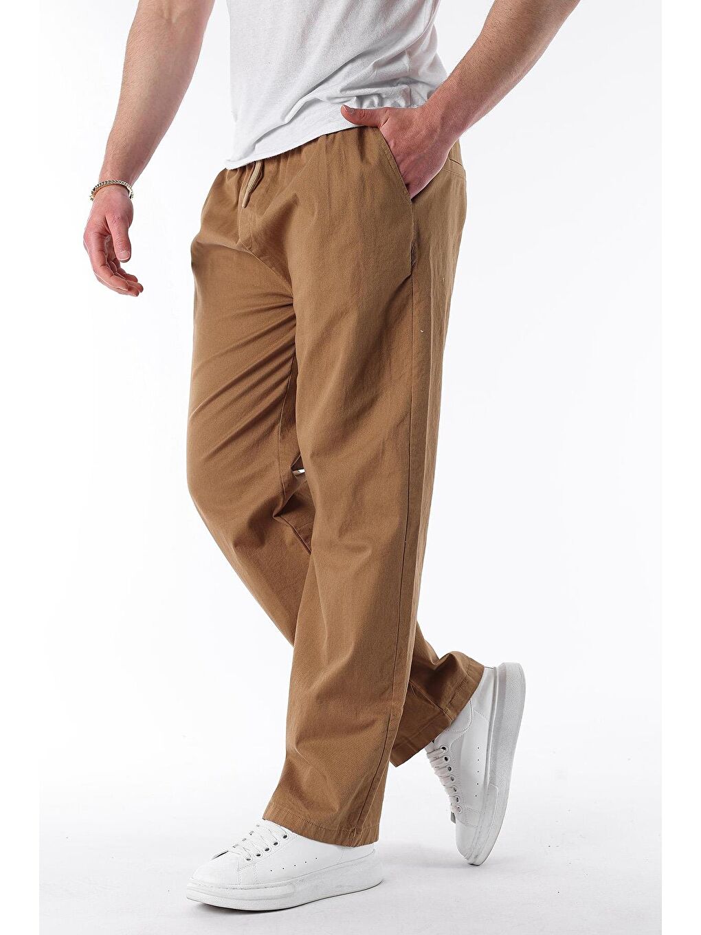 Kahverengi Camel Bol Paça Beli Bağlamalı Erkek Pantolon E7403