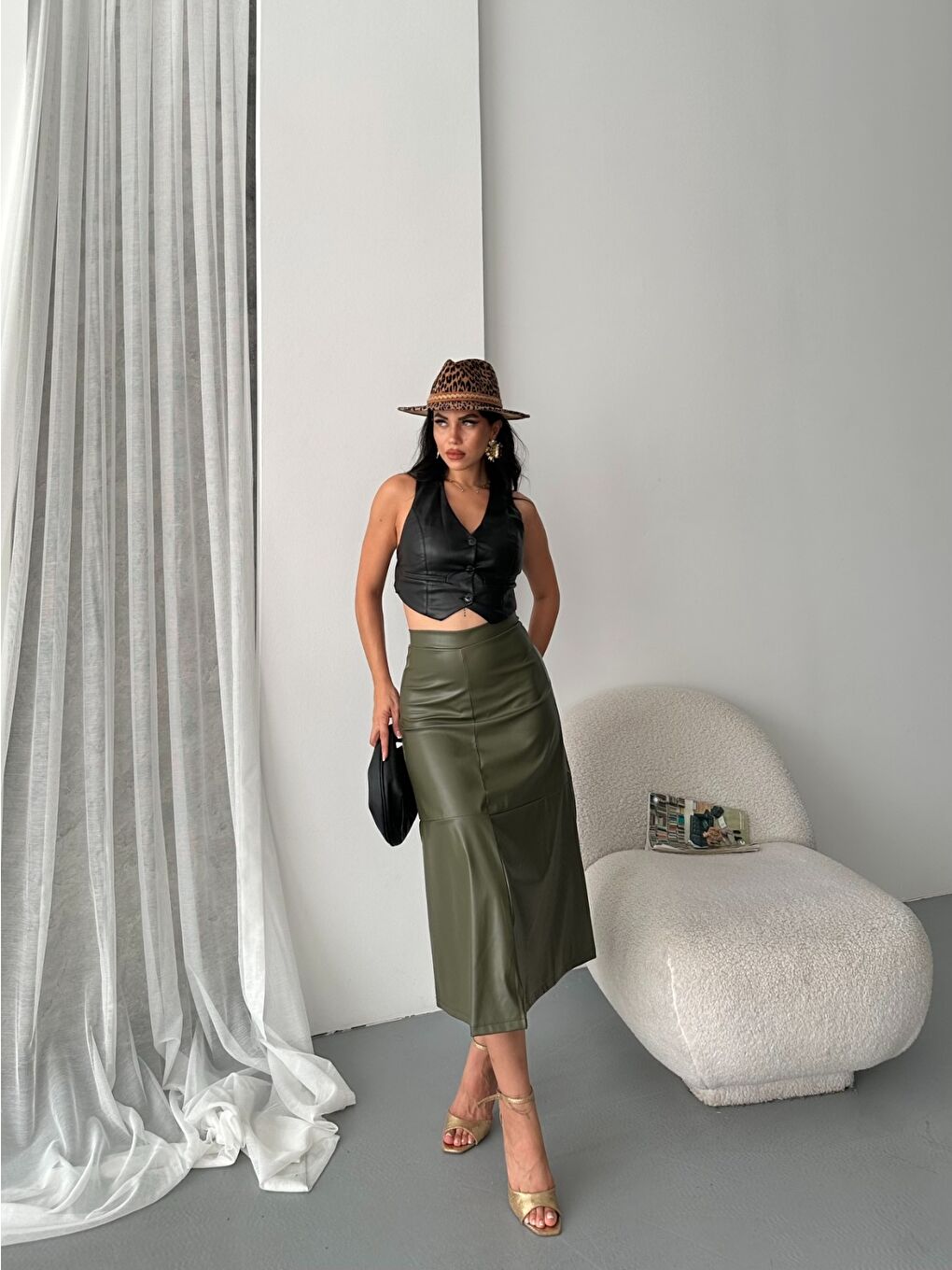 Haki Midi Boy Deri Etek