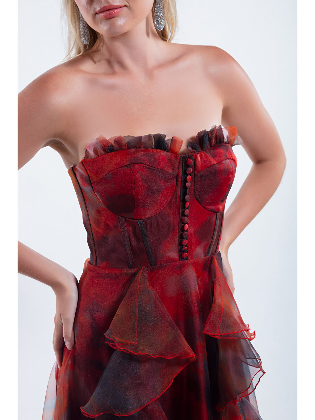 Kadın Kahverengi Straplez Organze Uzun Abiye Elbise-2