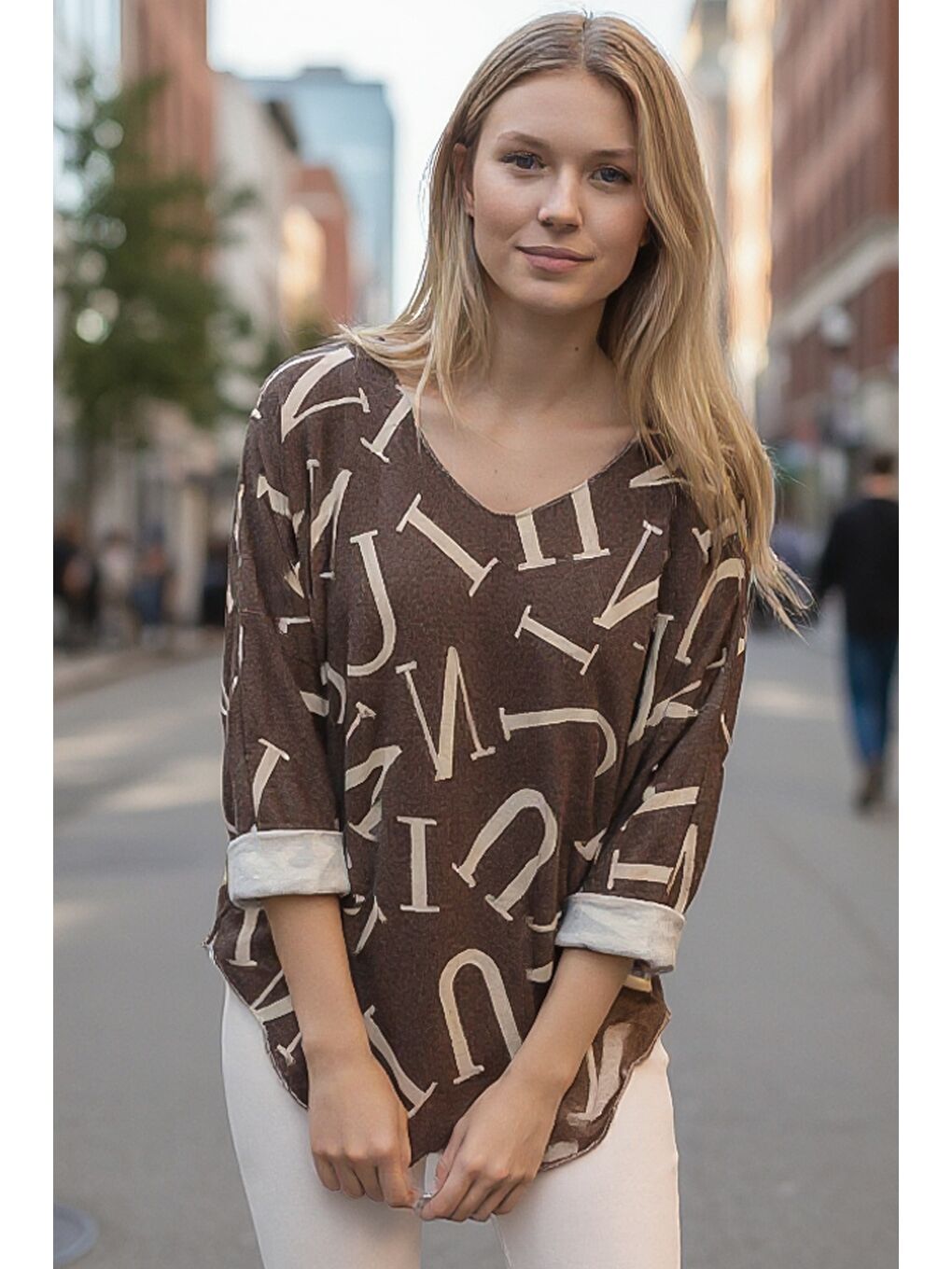 İtalyan Kahverengi V Yaka Uzun Kol İnce Allover Baskılı Casual Triko Bluz 70 70-1