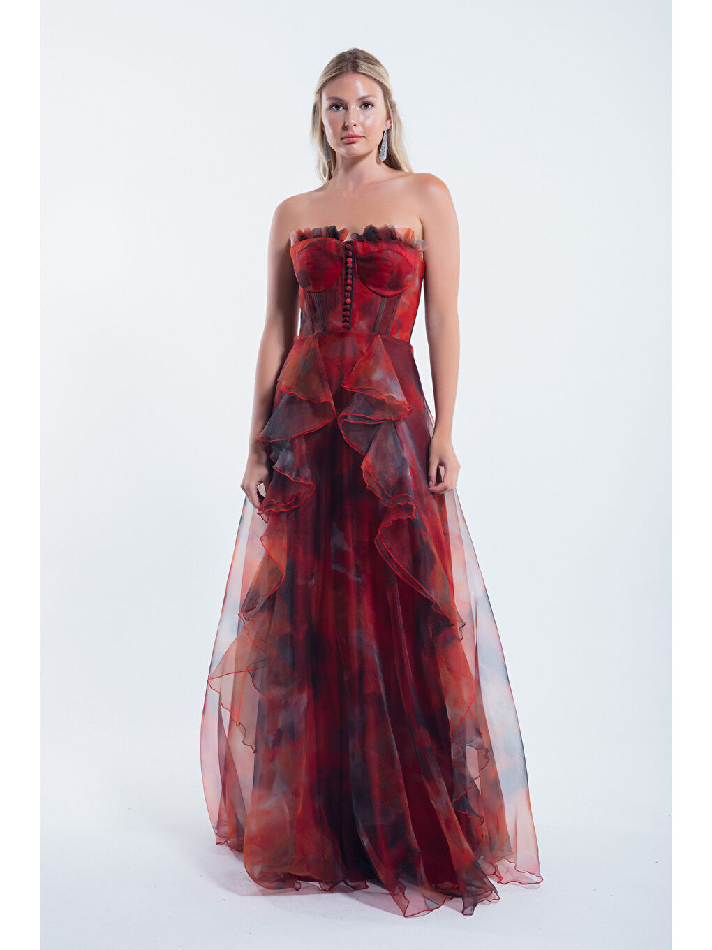 Kadın Kahverengi Straplez Organze Uzun Abiye Elbise-3