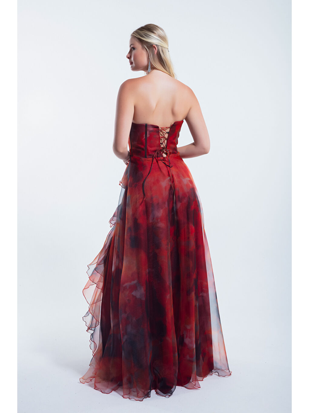 Kadın Kahverengi Straplez Organze Uzun Abiye Elbise-4