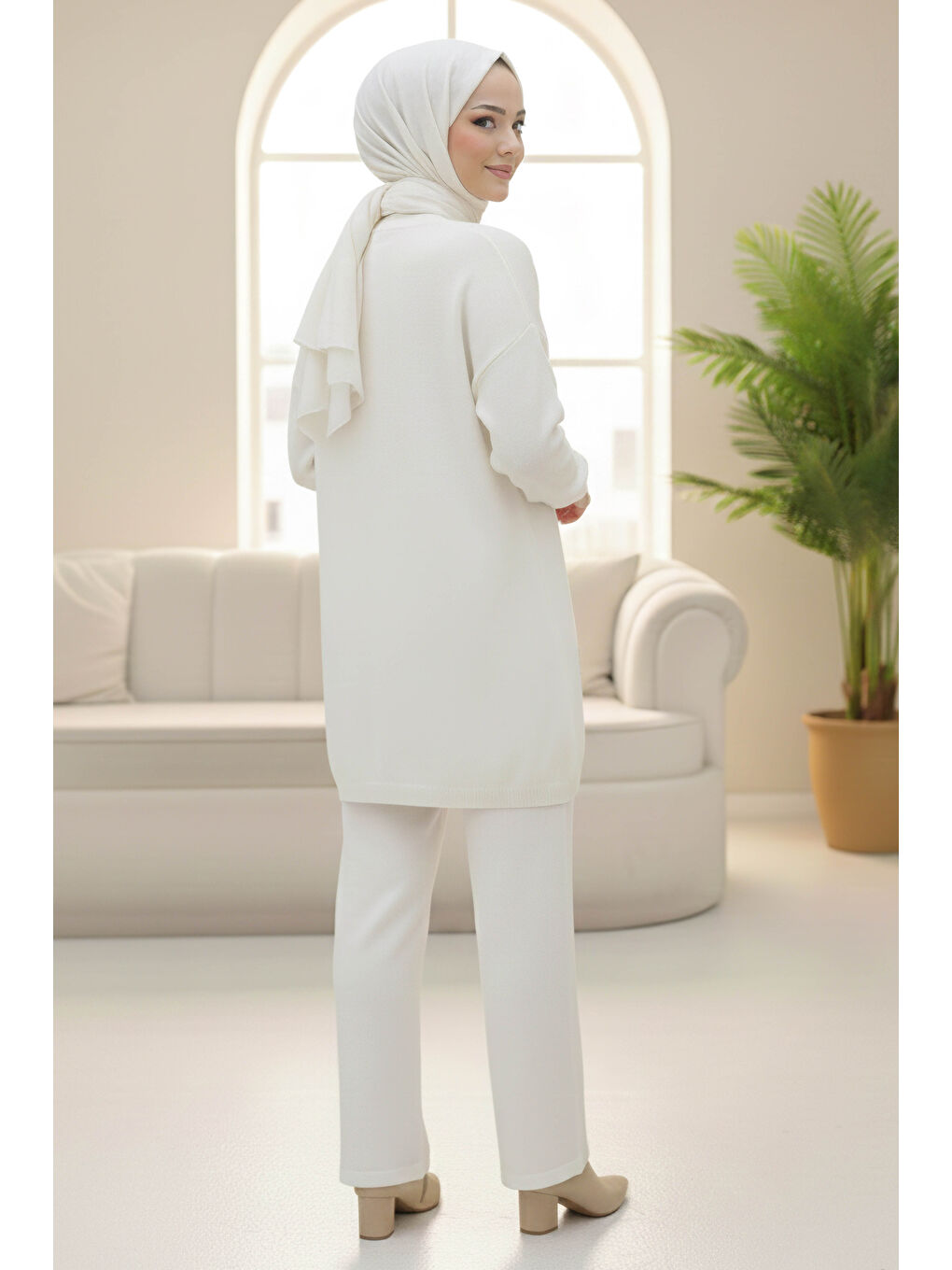 Ekru Kalp Taş Detaylı Triko İkili Takım Krem - 28123-KREM-2