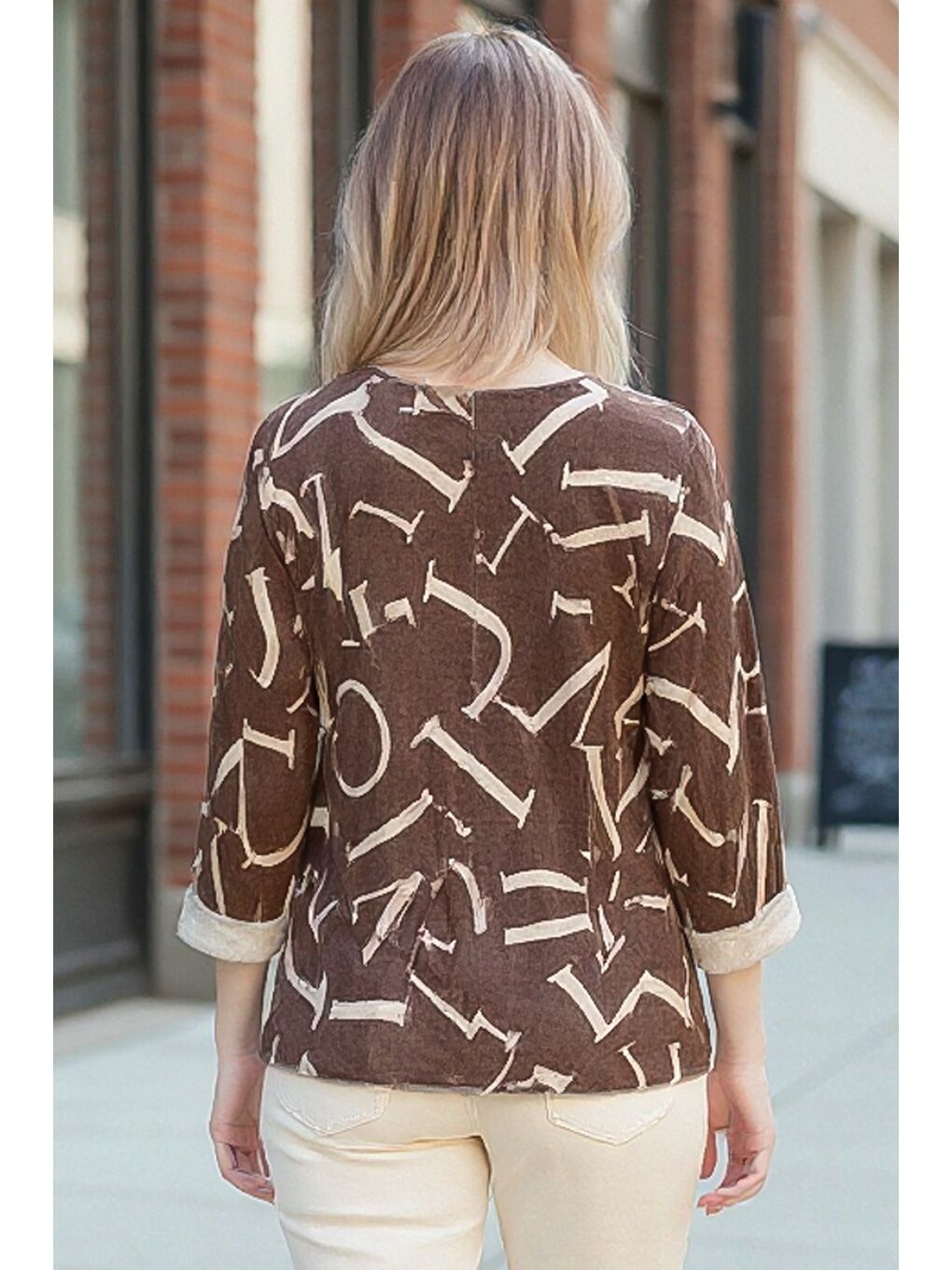 İtalyan Kahverengi V Yaka Uzun Kol İnce Allover Baskılı Casual Triko Bluz 70 70-2