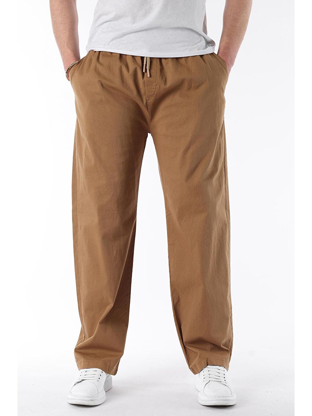 Kahverengi Camel Bol Paça Beli Bağlamalı Erkek Pantolon E7403-1