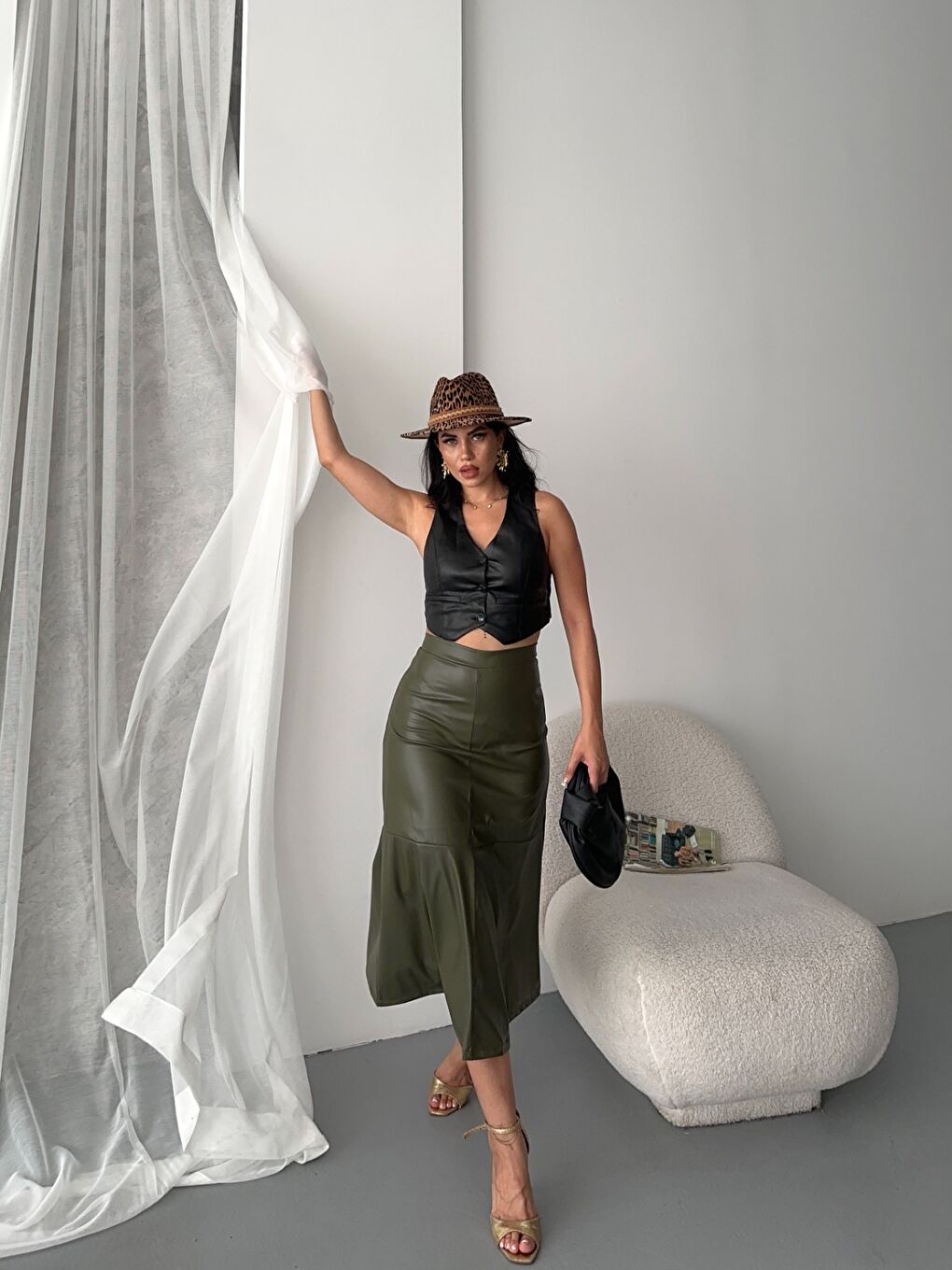 Haki Midi Boy Deri Etek-1