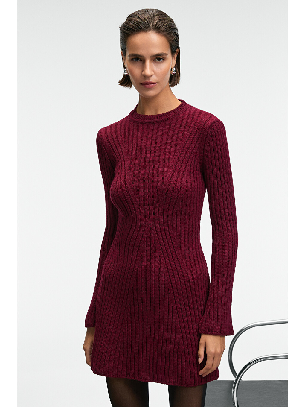 Encanto Kadın Yuvarlak Yaka Çizgi Desenli Slim Fit Bordo Elbise-3
