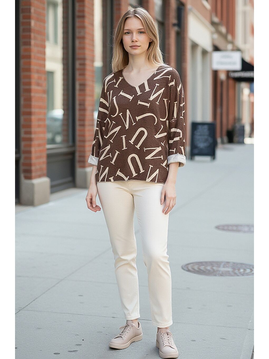 İtalyan Kahverengi V Yaka Uzun Kol İnce Allover Baskılı Casual Triko Bluz 70 70-3