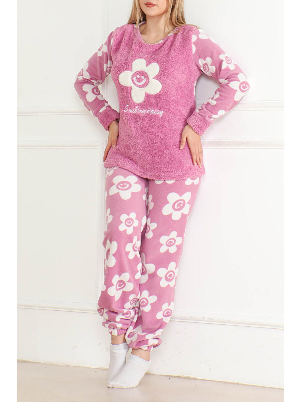 Nakışlı Pelüş Polar Pijama Takım Lila   26641