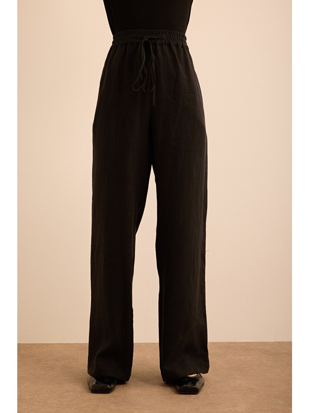 Siyah Beli Lastikli Keten Pantolon-1