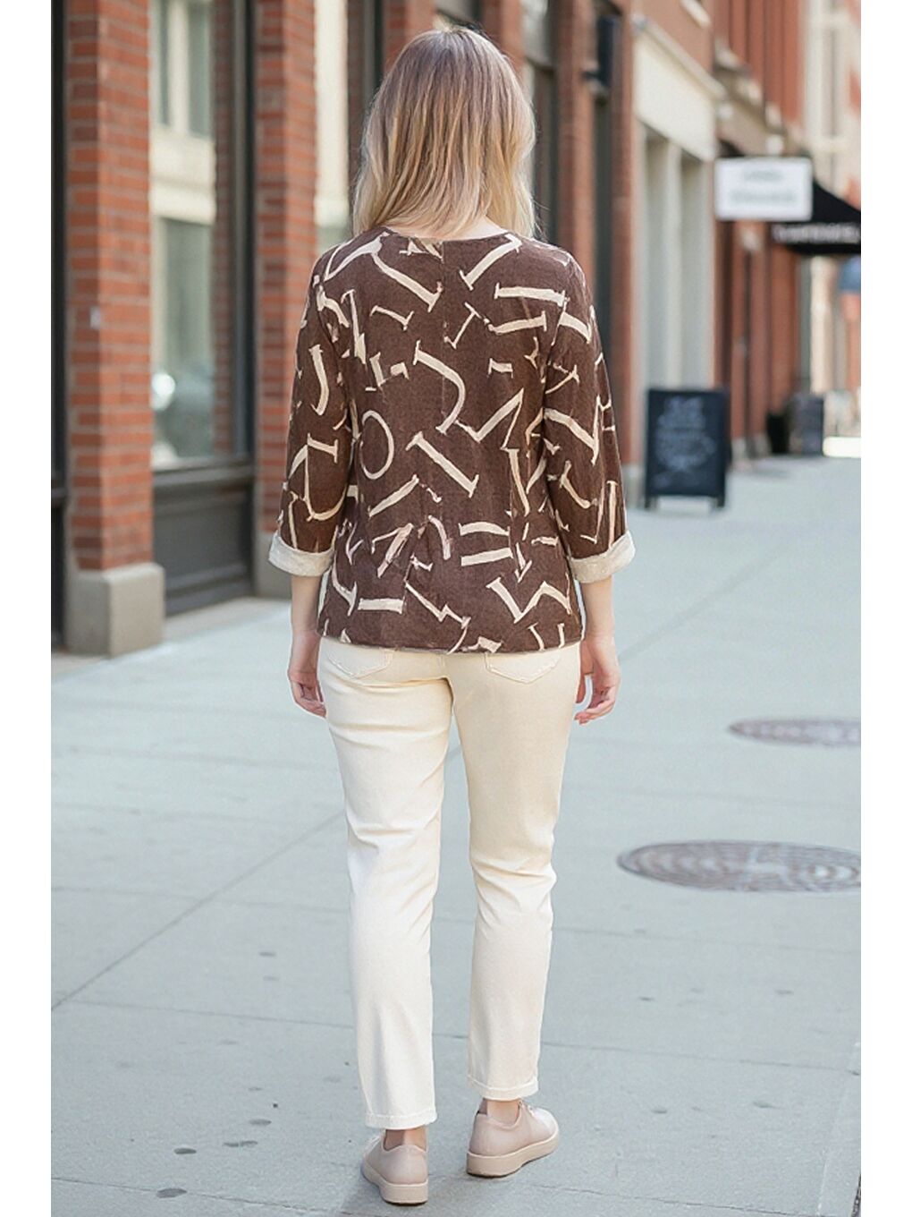 İtalyan Kahverengi V Yaka Uzun Kol İnce Allover Baskılı Casual Triko Bluz 70 70-4
