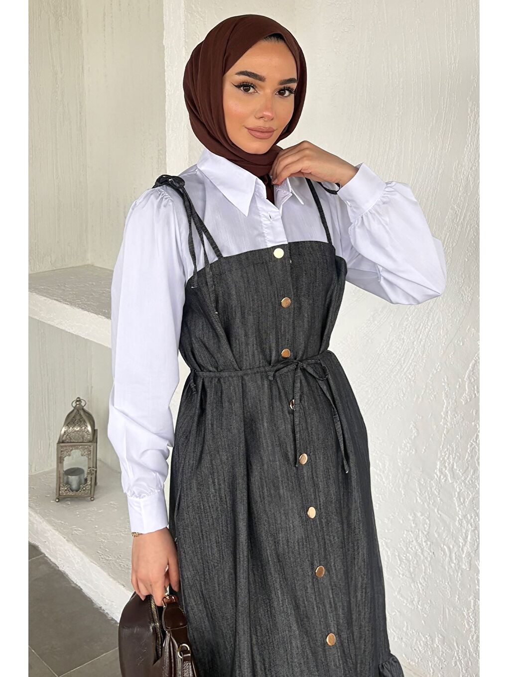 Antrasit Gülseli Boydan Düğmeli Bağlama Detaylı Garnili Tesettür Elbise-5