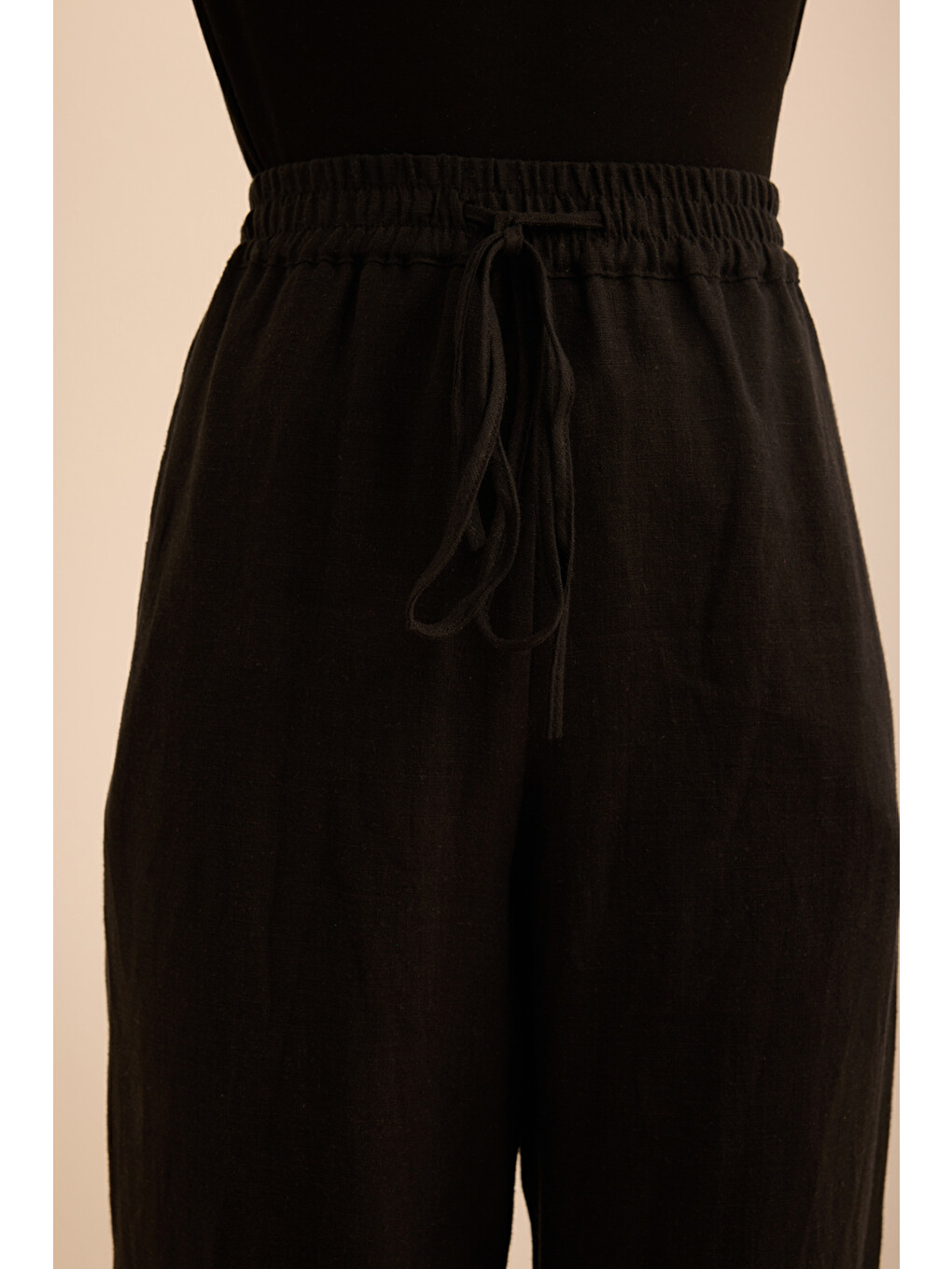 Siyah Beli Lastikli Keten Pantolon-4