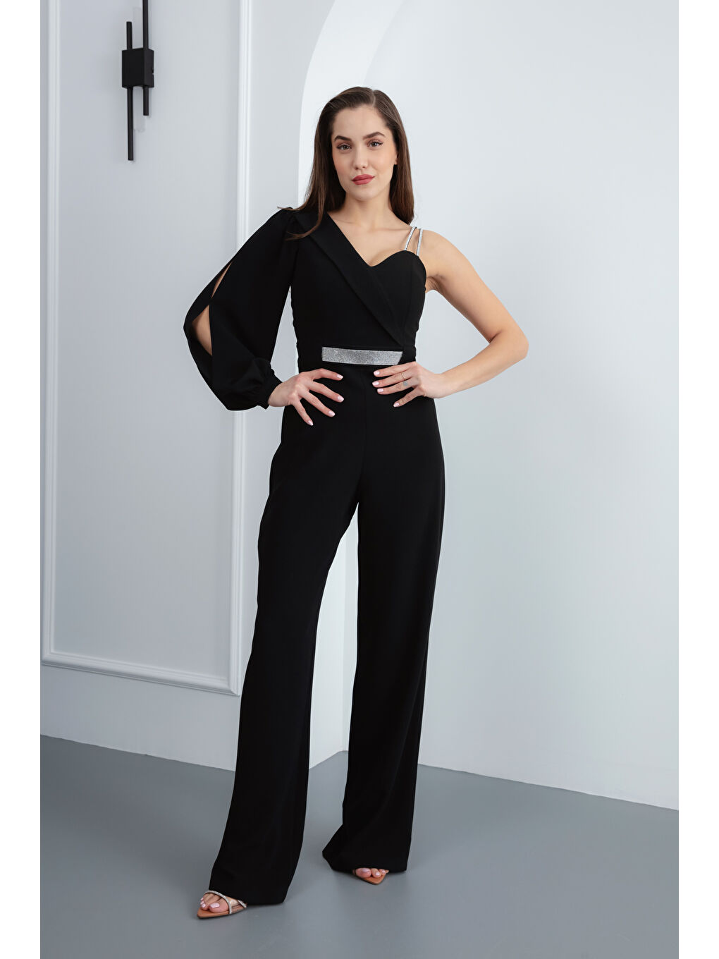 Kadın Siyah Tek Omuz Taşlı Abiye Tulum