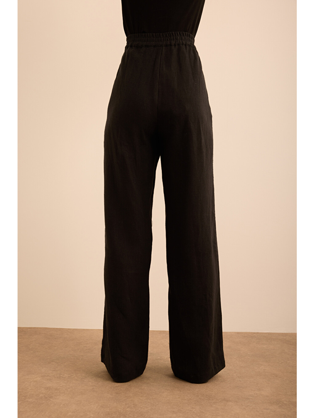 Siyah Beli Lastikli Keten Pantolon-5