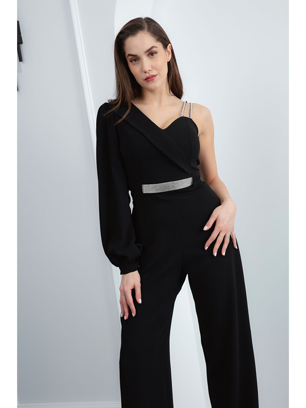 Kadın Siyah Tek Omuz Taşlı Abiye Tulum-1