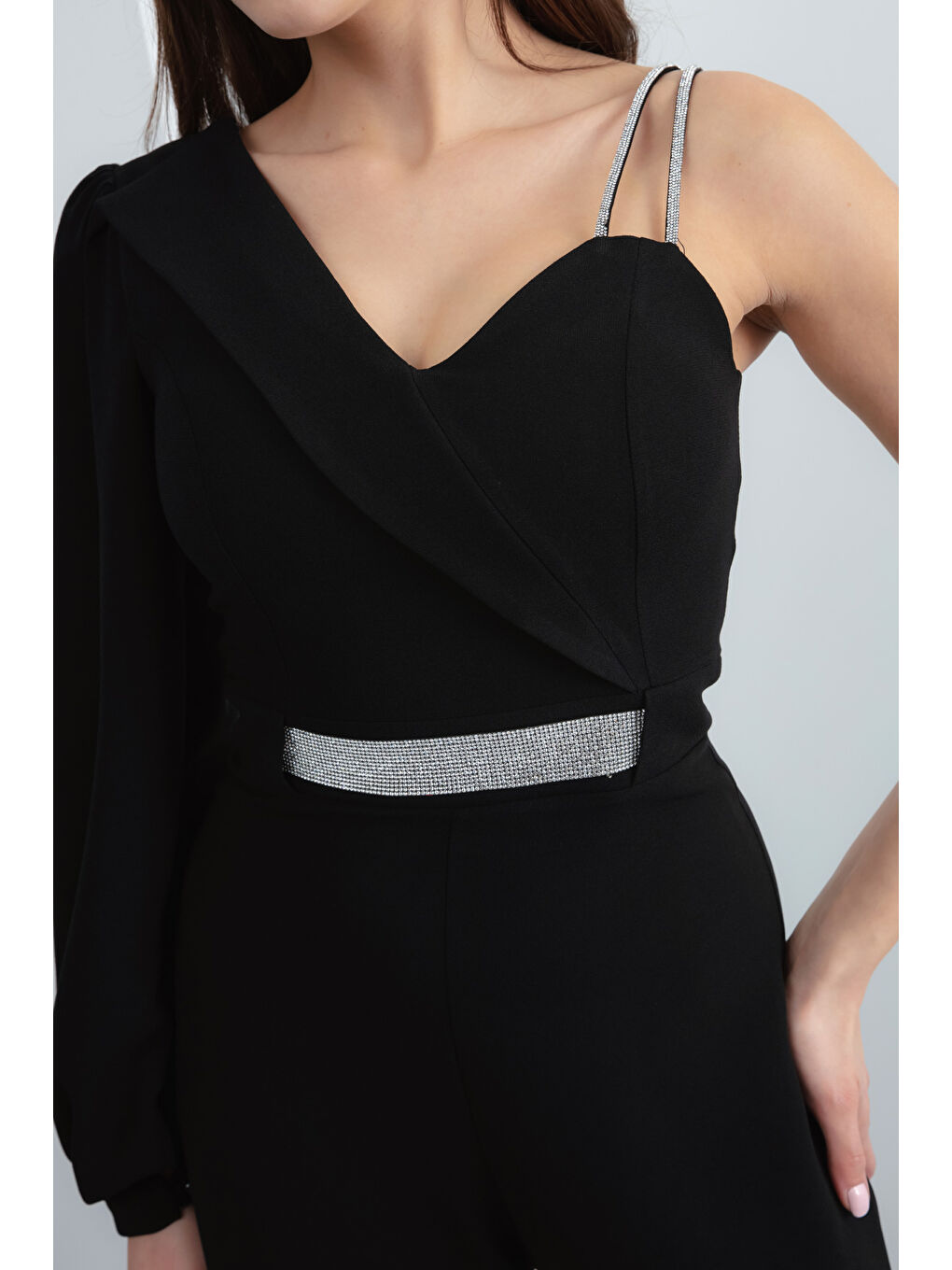 Kadın Siyah Tek Omuz Taşlı Abiye Tulum-2