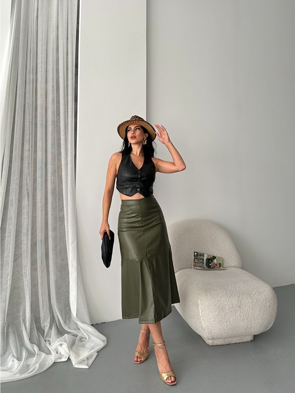 Haki Midi Boy Deri Etek-2