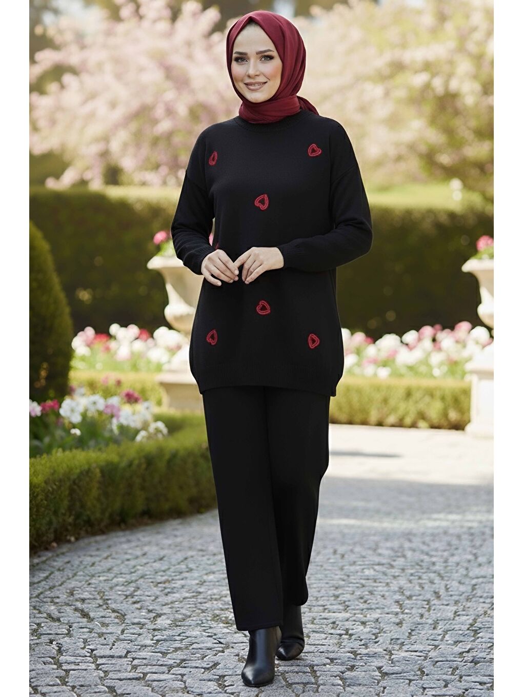 Kalp Detaylı Triko İkili Takım Siyah - 28124-SIYAH-1