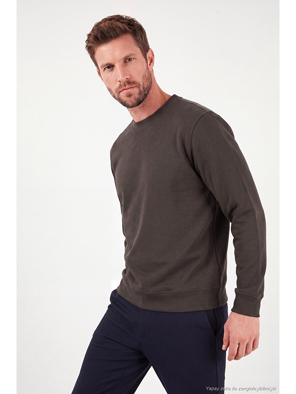 Kahverengi Pamuklu Relaxed Fit Bisiklet Yaka Sweat 5901257-3