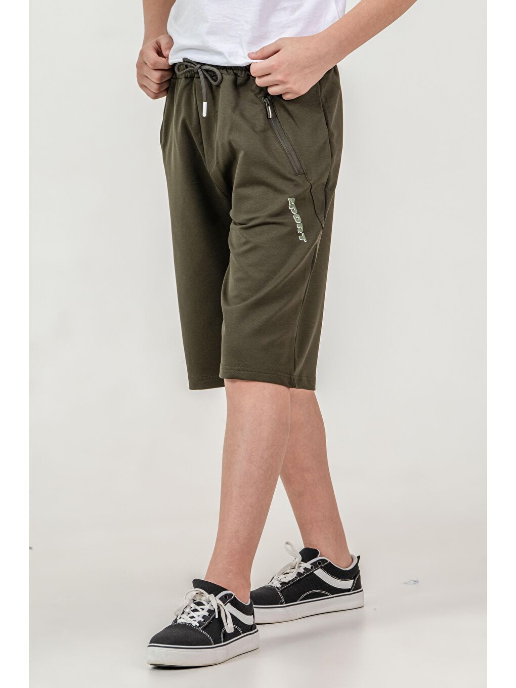 Haki Sport Baskılı Cepler Fermuarlı Erkek Çocuk Şort-2