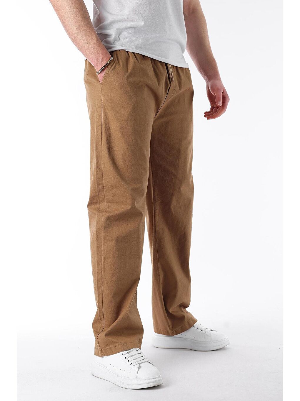 Kahverengi Camel Bol Paça Beli Bağlamalı Erkek Pantolon E7403-3
