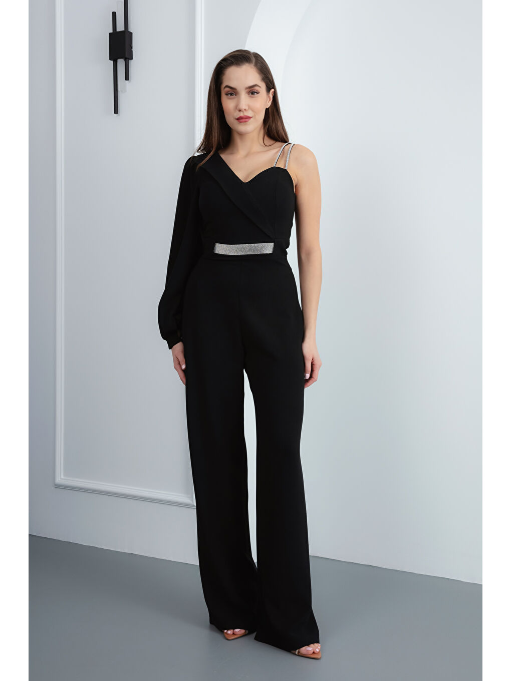 Kadın Siyah Tek Omuz Taşlı Abiye Tulum-3