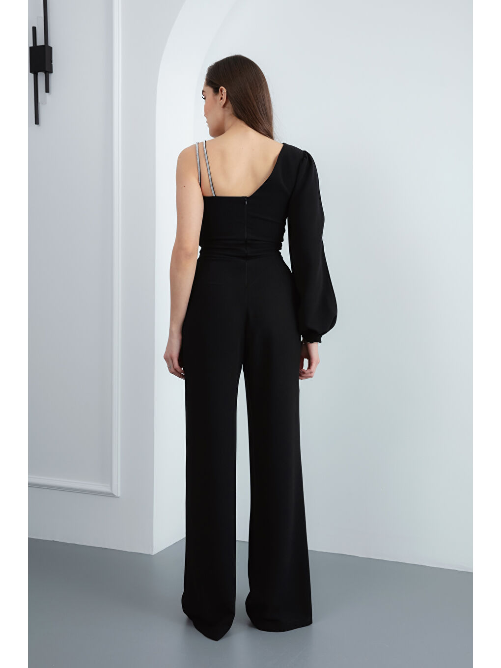 Kadın Siyah Tek Omuz Taşlı Abiye Tulum-4