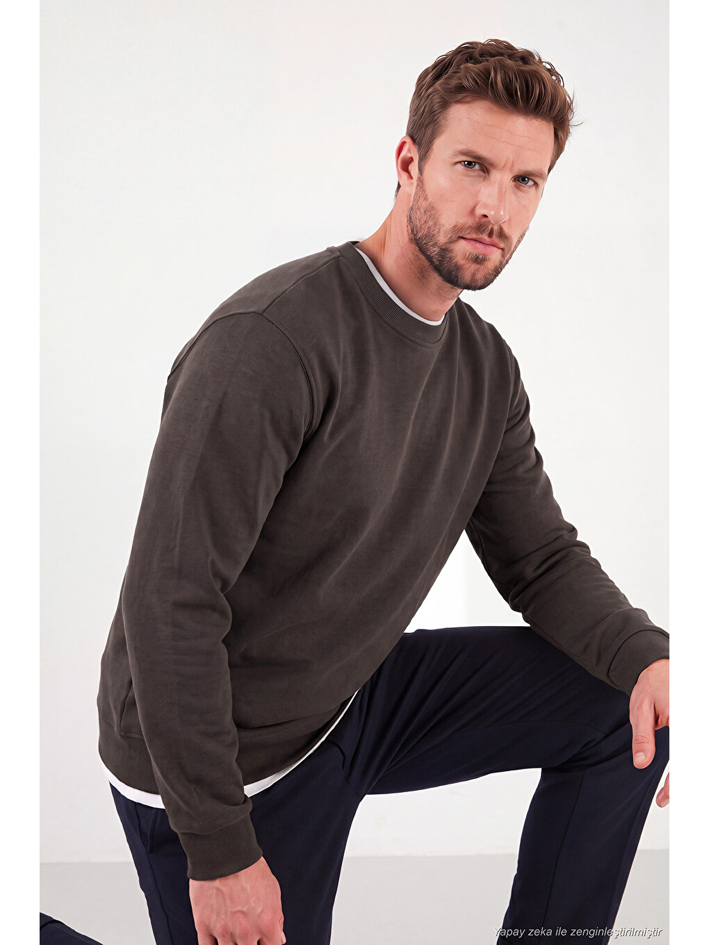 Kahverengi Pamuklu Relaxed Fit Bisiklet Yaka Sweat 5901257-5