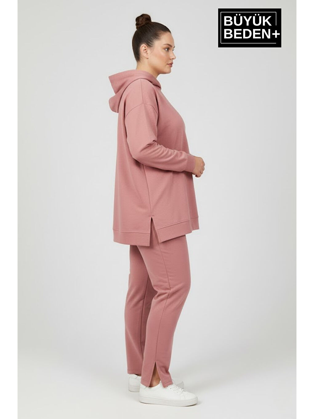 Pembe Büyük Beden Kapüşonlu Tunik Sweatshırt SPR26BTK991-1