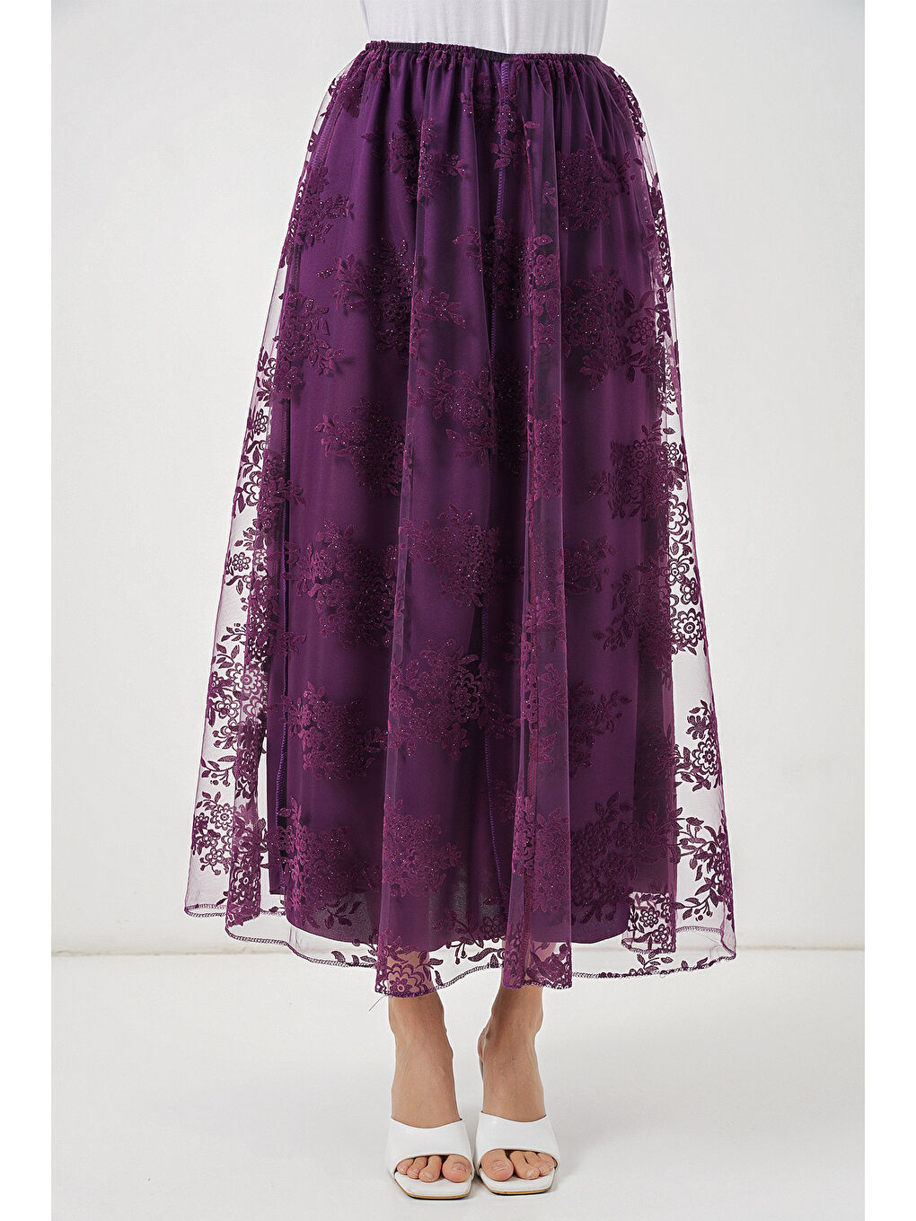 Kadın Flok Baskılı Uzun Tül Etek 8070 - Mor-1