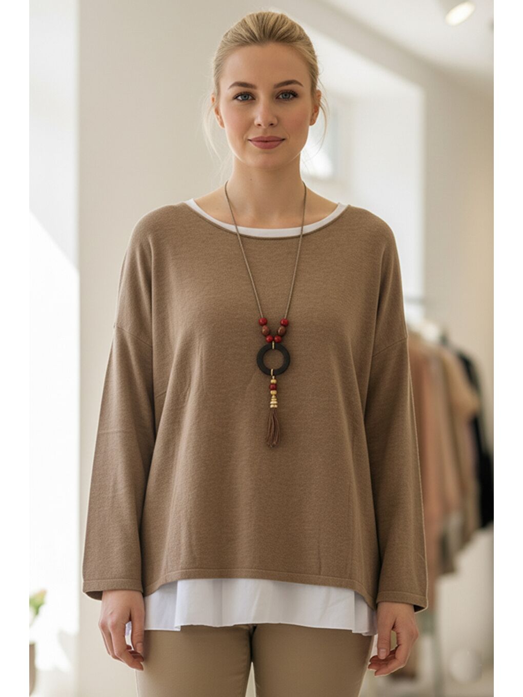 İtalyan Sütlü Kahverengi Kayık Yaka Uzun Kol İkili Set Kolyeli Casual Oversize Triko Bluz 71 71