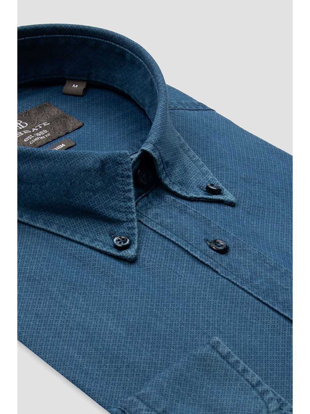 Natte Denim Pamuklu Comfort Fit Lacivert Düğmeli Yaka Erkek Düz Gömlek-1